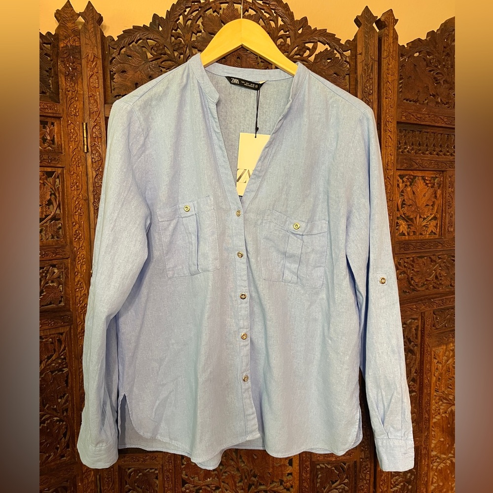 Zara Light Blue Casual Collarless VNeck Button Up
